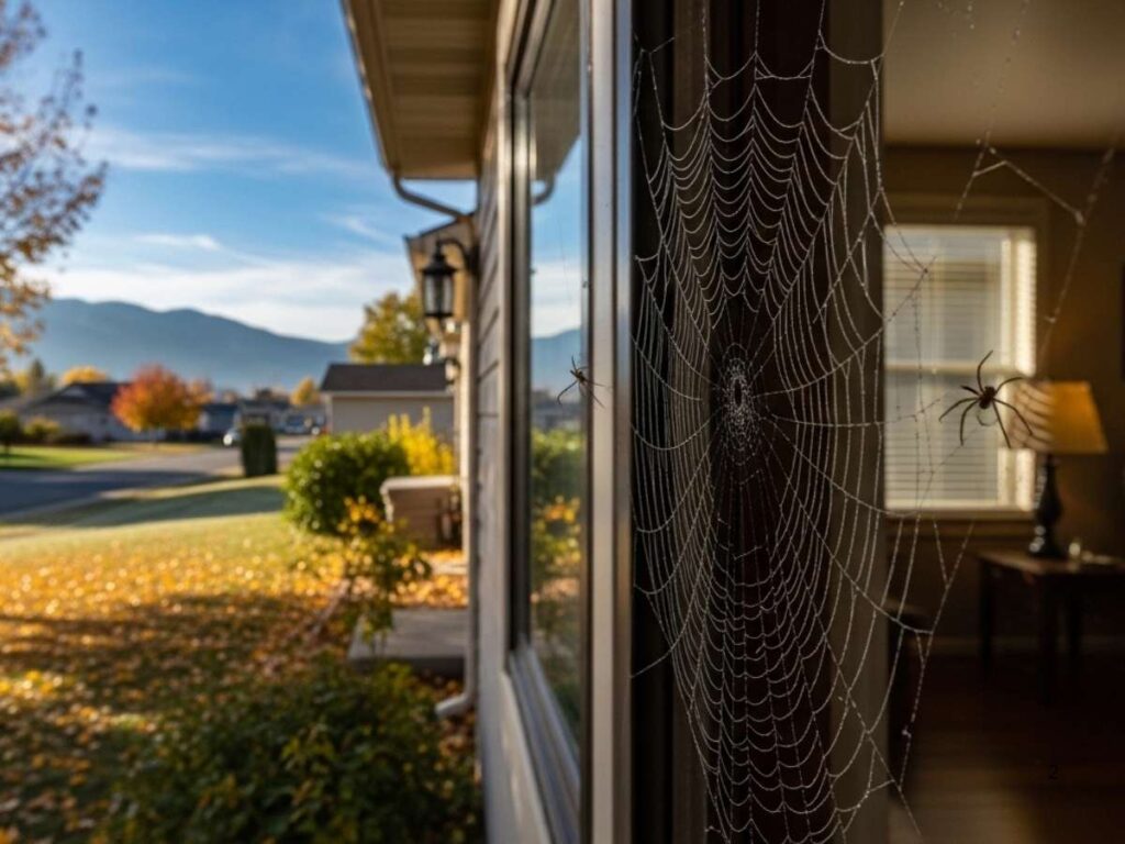Spider web outside a Southeast Idaho home in early fall with a spider visible indoors near a warm window.
