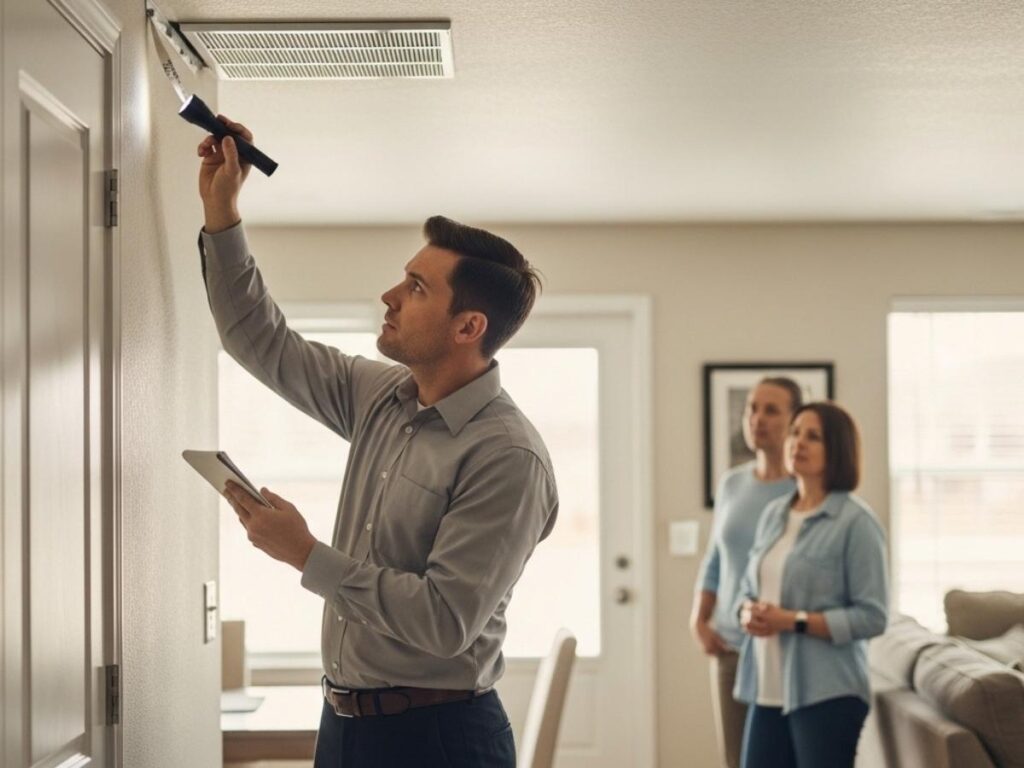 Professional pest control technician inspecting a ceiling vent in a family home to address recurring spider issues.