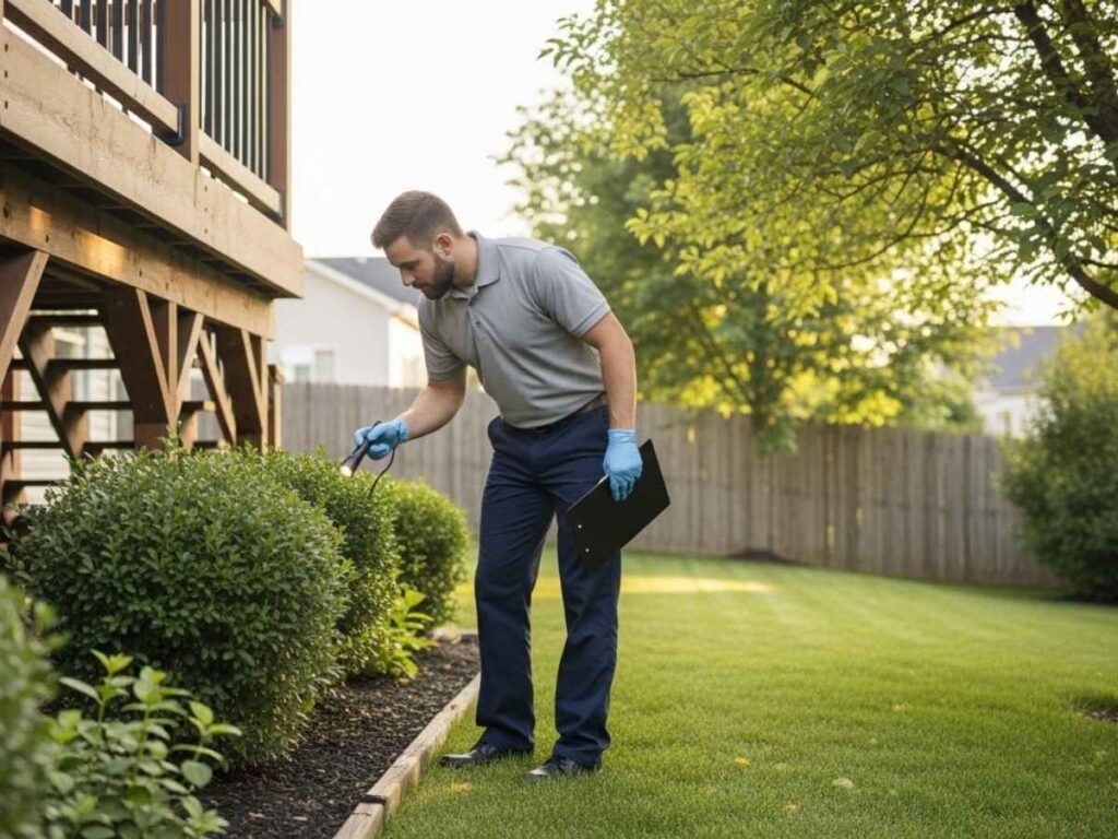 Professional pest control technician inspecting shaded backyard areas for mosquito activity.