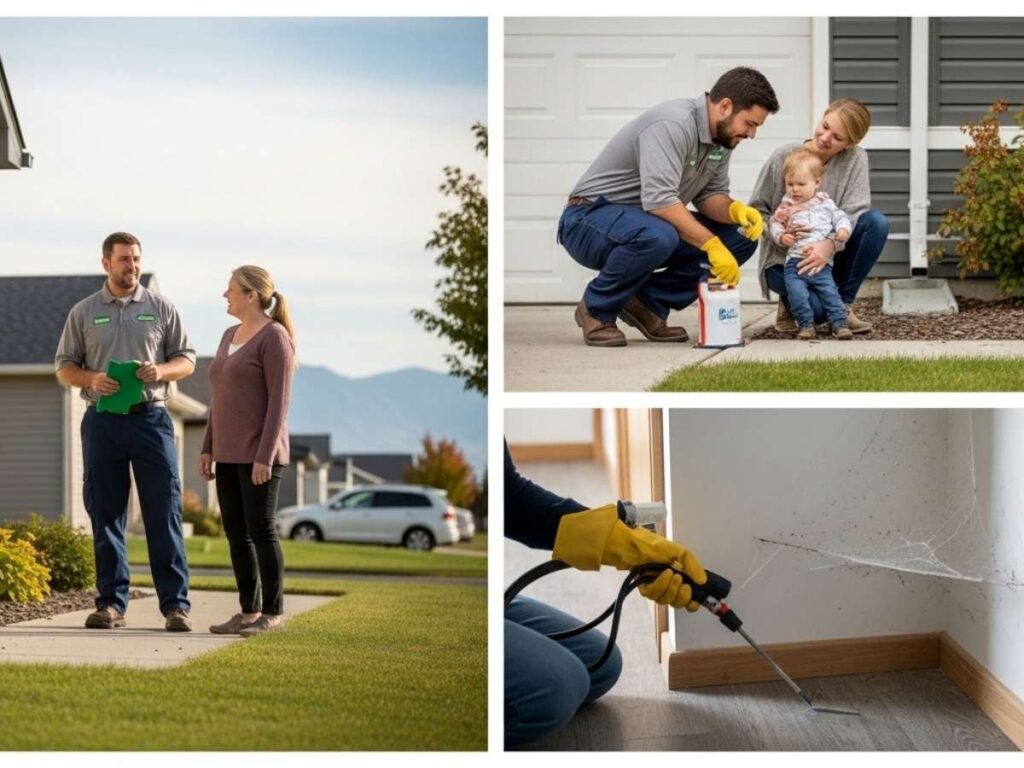 Pest control technician inspecting and treating a Southeast Idaho home while speaking with a homeowner.