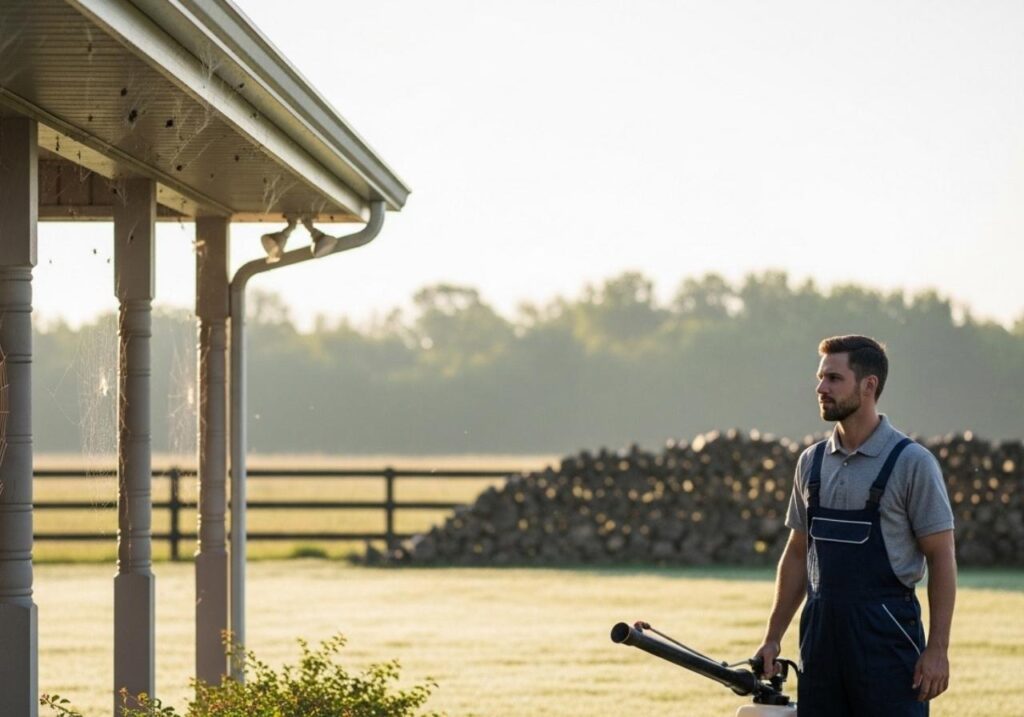 Pest control technician inspecting a suburban home with spider webs near the eaves for ongoing seasonal treatment.
