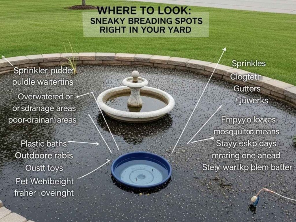 Backyard with common mosquito breeding spots including bird bath, toys, wheelbarrow, and sprinkler puddles.