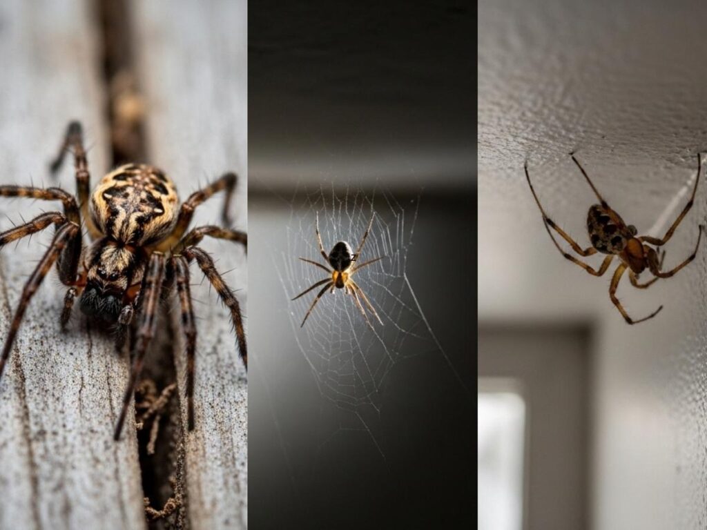 Close-up views of hobo spider, cellar spider, and common house spider in typical home environments.