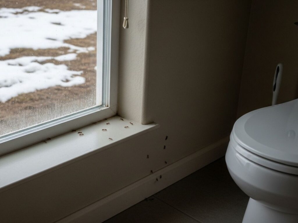 Ants trailing along a bathroom floor in a Southeast Idaho home during spring snowmelt.