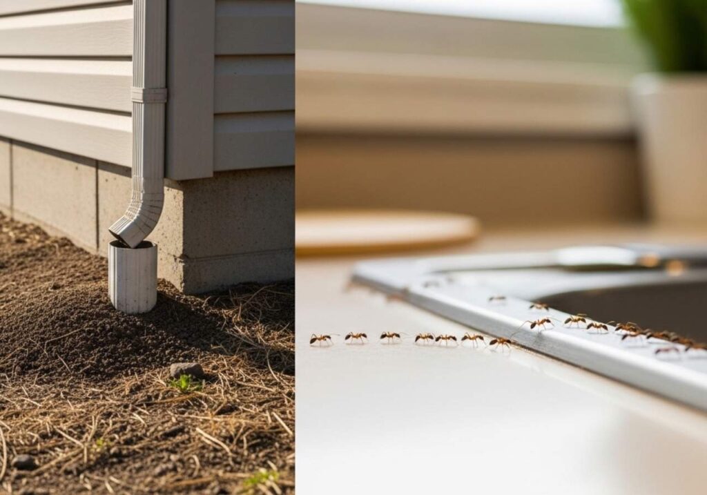 Ants trailing into an Idaho home from dry soil near the foundation during warm summer conditions.