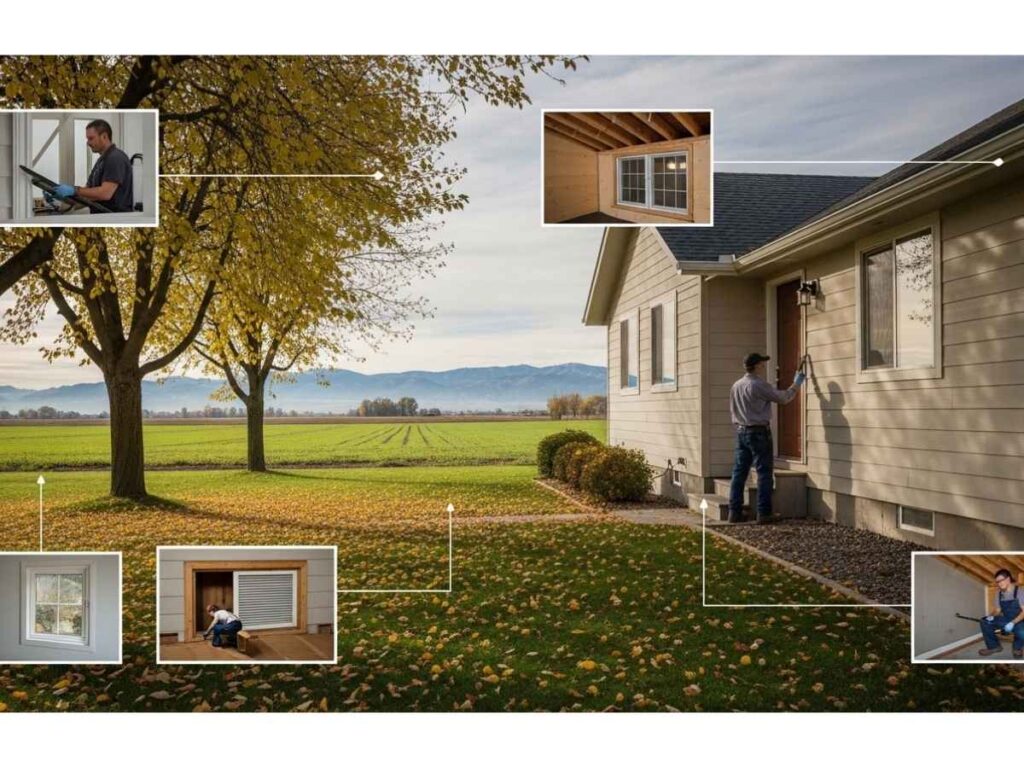 Southeast Idaho home with technician inspecting exterior areas where seasonal pests may enter.