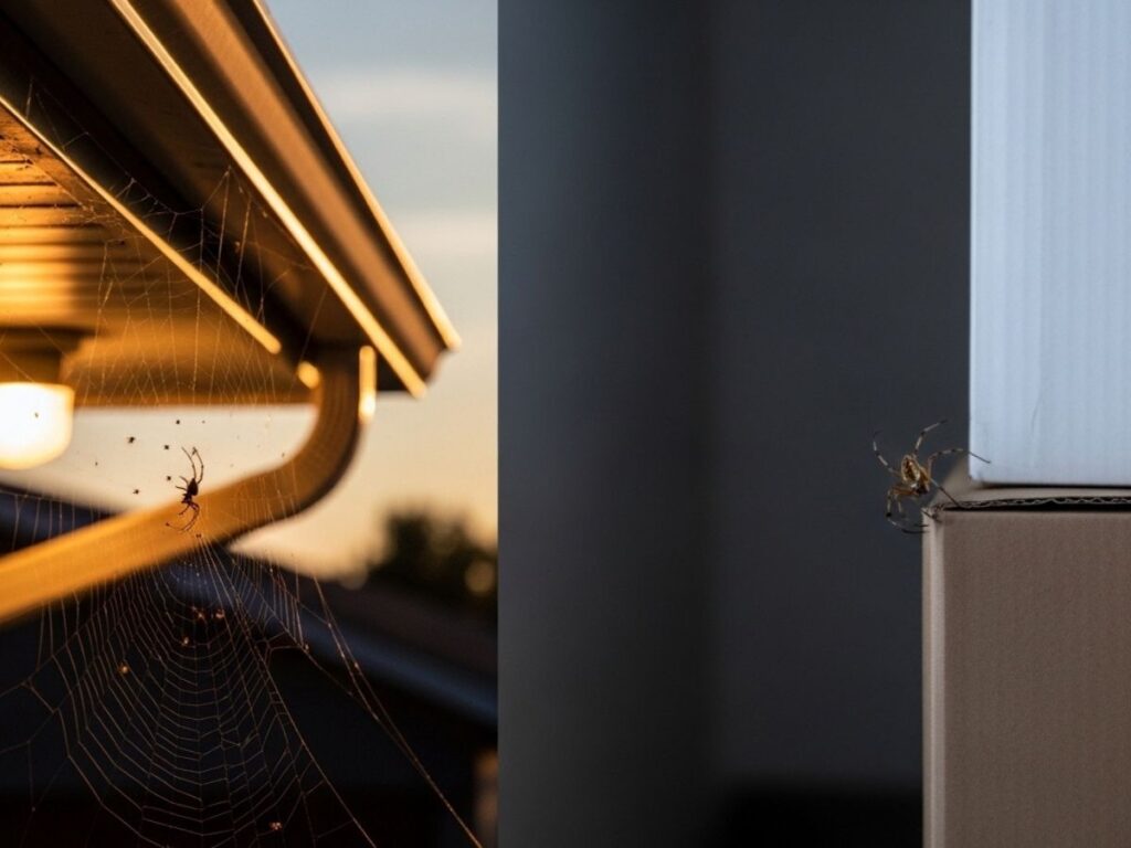 Side-by-side view of spider activity in summer outdoors near porch lights and winter indoors in a garage corner.