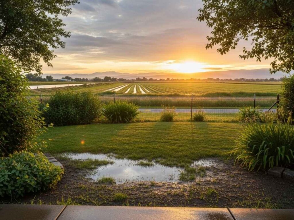 Warm summer evening after rain with damp yard conditions that increase mosquito activity. 