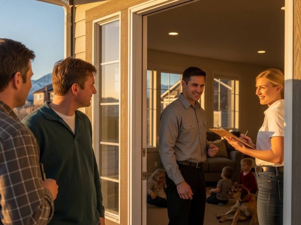 Friendly pest control professional consulting with a Southeast Idaho family outside their home in a safe, community-focused setting.