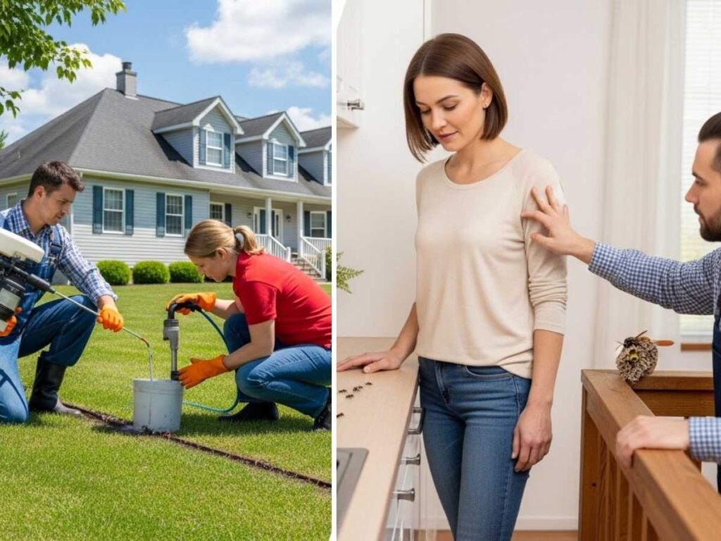 Split scene showing preventive pest control around a home and reactive pest treatment for ants and a wasp nest.