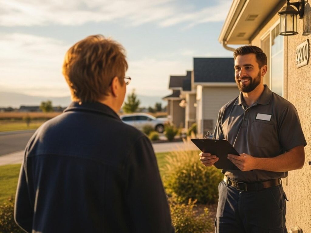 Local pest control technician speaking with a Southeast Idaho homeowner outside a residence.