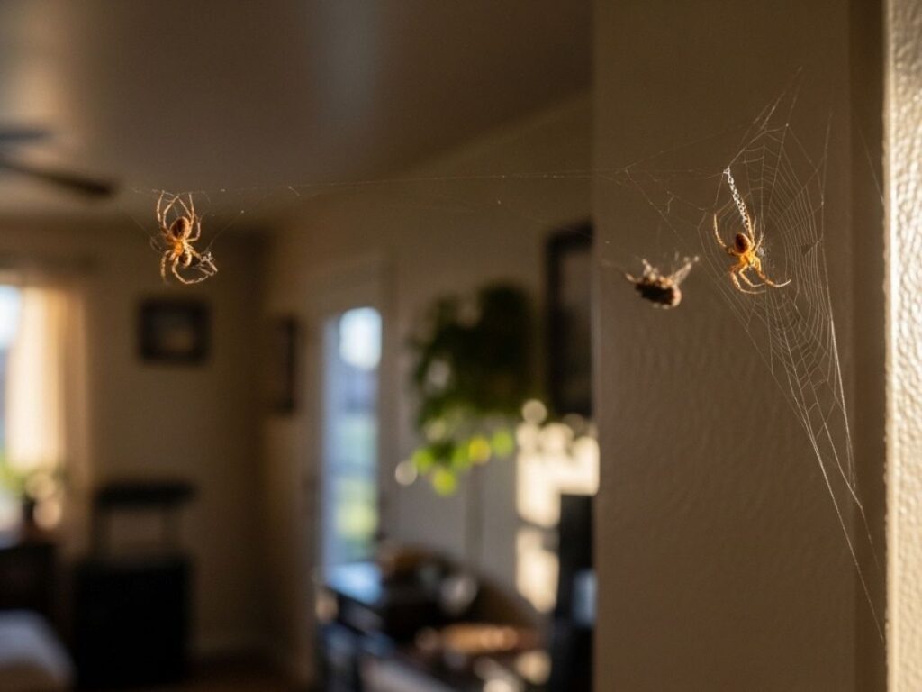 Cellar spider in a home corner capturing flies, symbolizing natural pest control in an Idaho household.