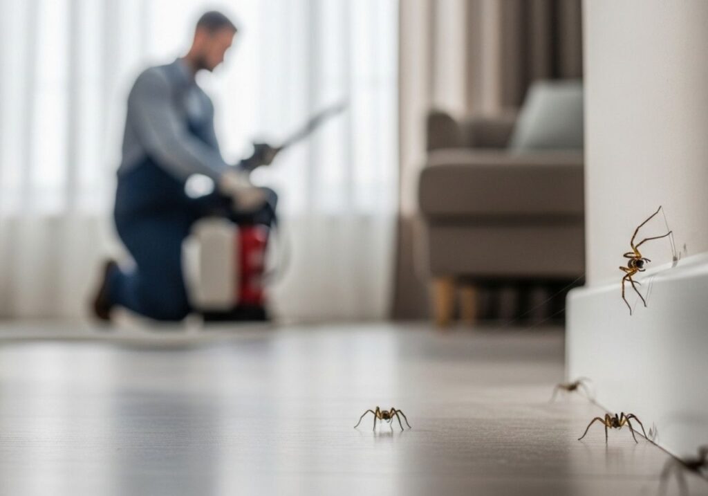 Spiders emerging from hiding spots inside a home after pest control treatment.