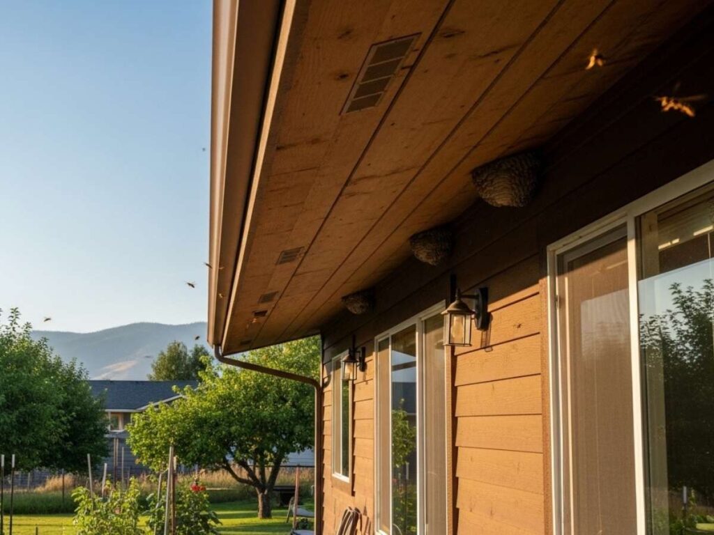Paper wasp nests forming under shaded roof eaves of a Southeast Idaho home during summer.
