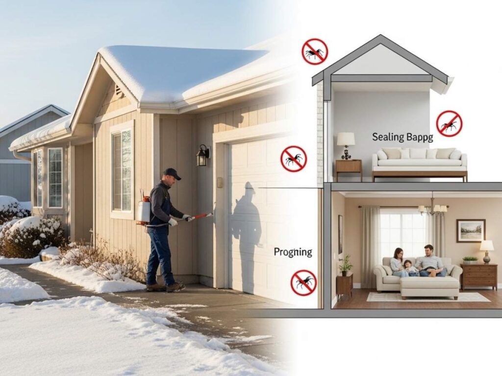 Winter pest control technician providing year-round rodent and insect prevention at a snow-covered Idaho home.