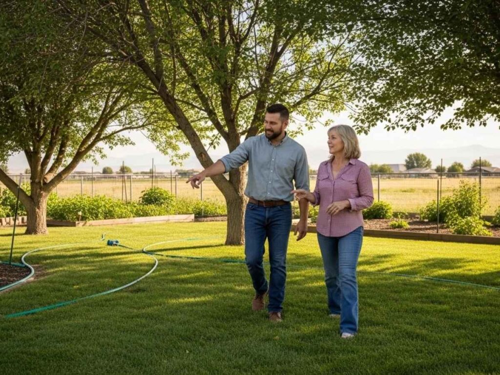 Local pest control technician discussing mosquito prevention with a homeowner in a backyard.