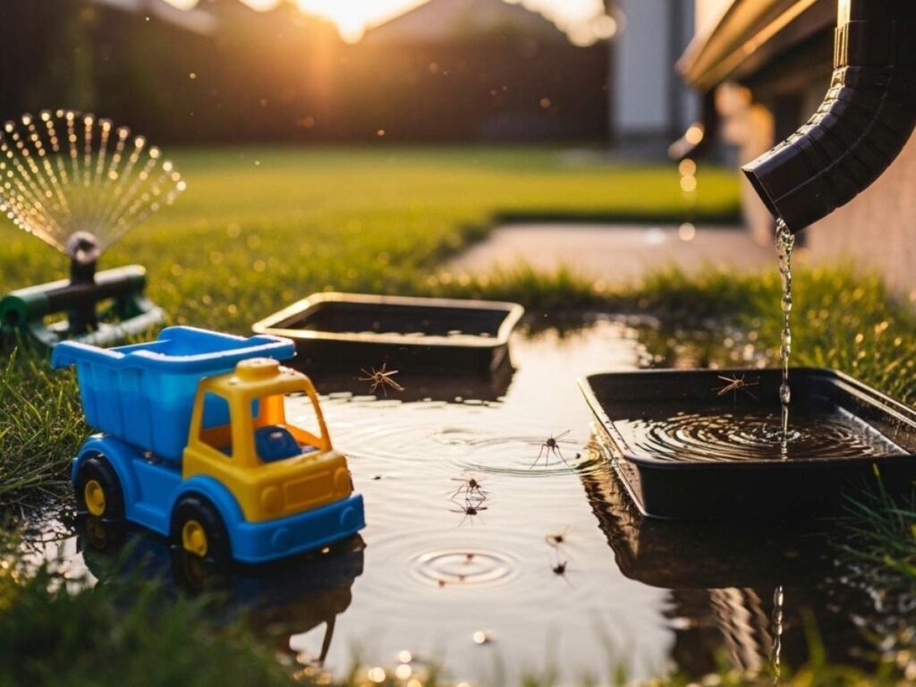 Small backyard puddles in toys and planter trays after rain showing how standing water attracts mosquitoes.