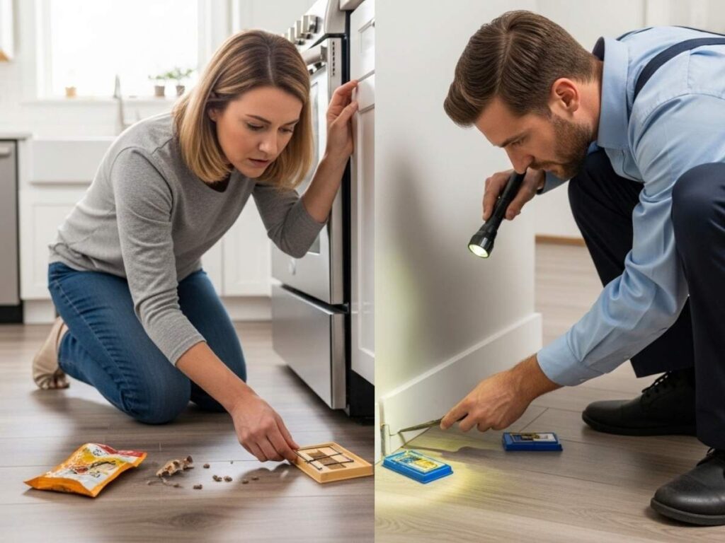Side-by-side view of homeowner using DIY mouse traps and a professional technician sealing entry points in a kitchen.