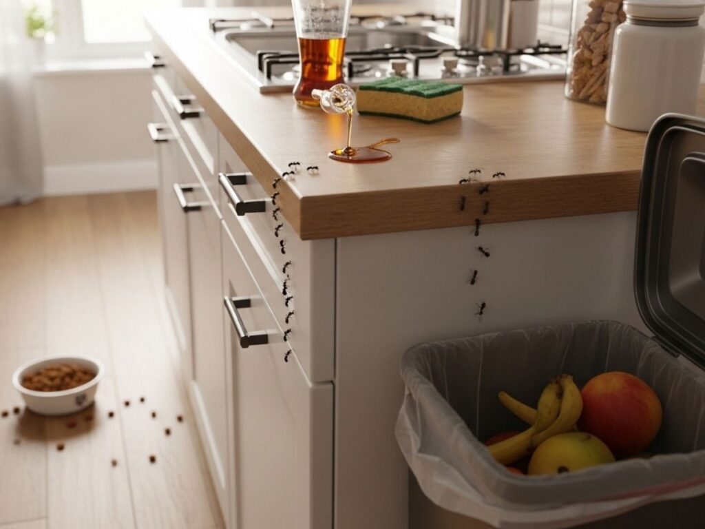 Kitchen scene with pet food, crumbs, and syrup spill attracting a small trail of ants. 