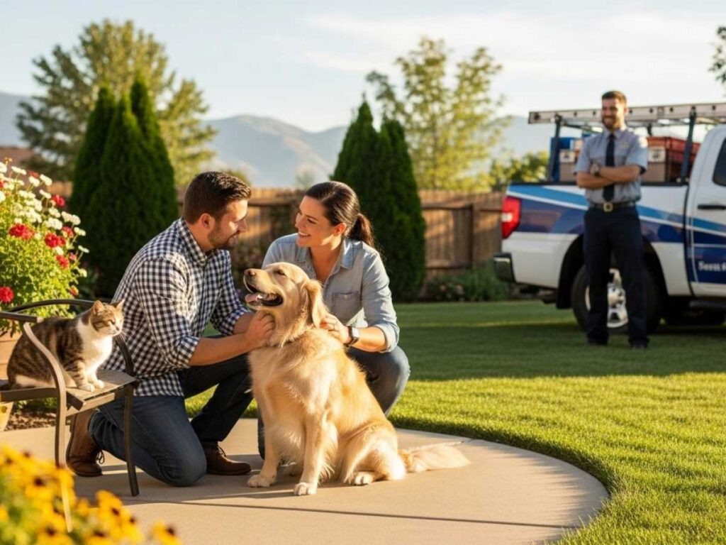 Pet owner with dog and cat speaking with a local pest control technician in a sunny backyard in Southeast Idaho.