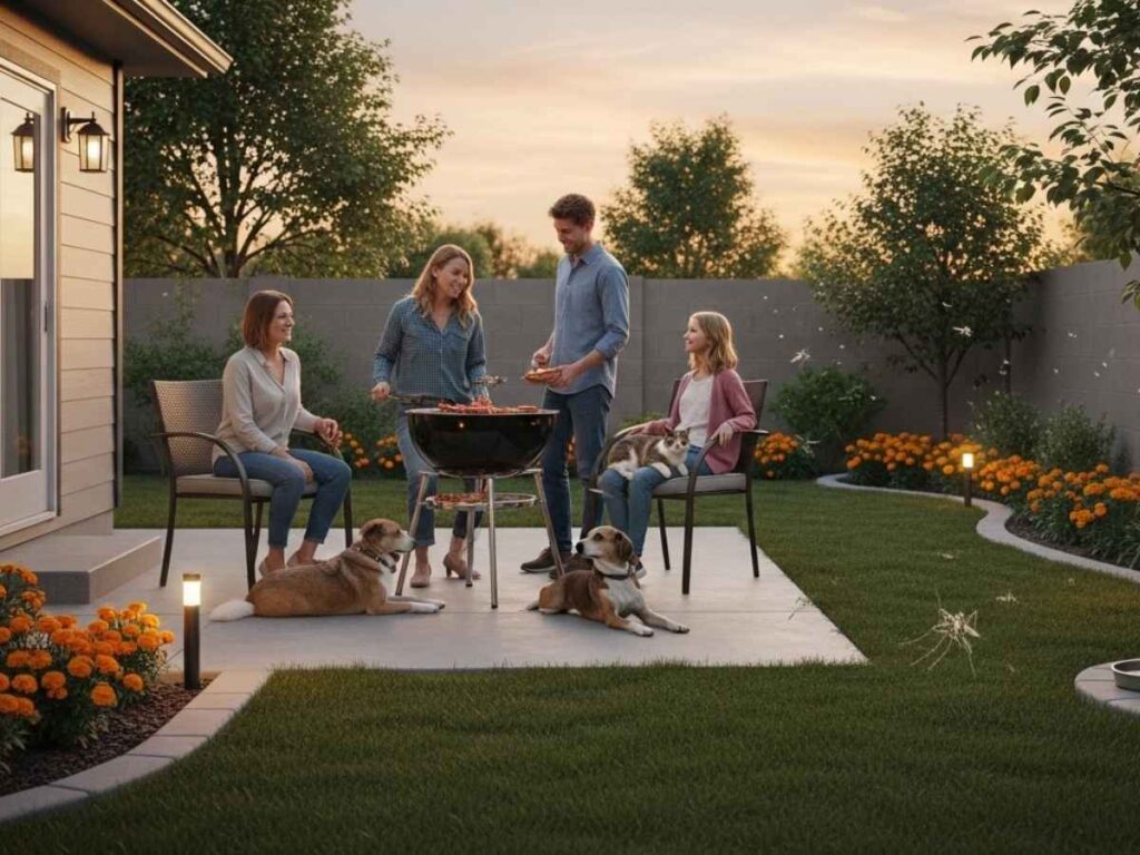 Family enjoying a backyard barbecue in Southeast Idaho with pets nearby, highlighting awareness of mosquito-prone areas.