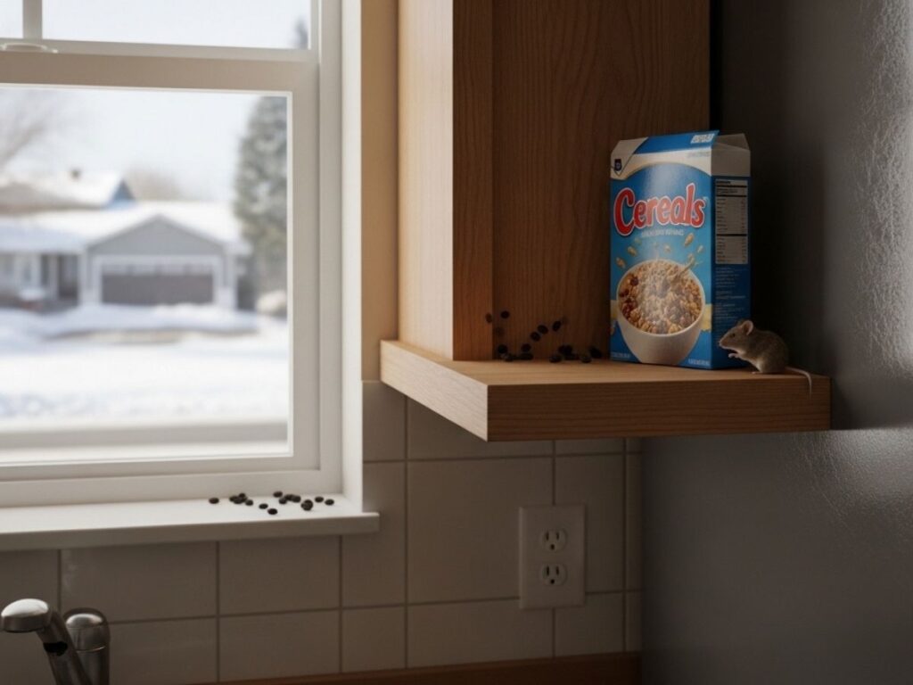 Small mouse near pantry with droppings and chewed food in an Idaho home kitchen during winter.