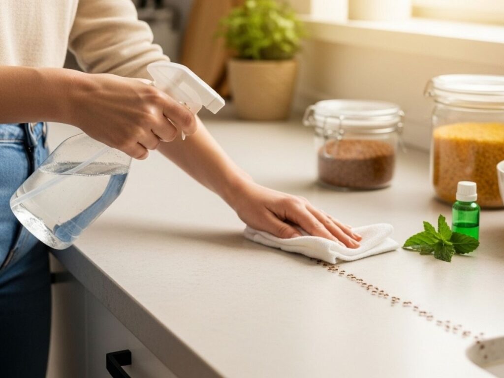 Homeowner cleaning a kitchen counter with vinegar solution to break an ant trail and prevent ants from returning. 