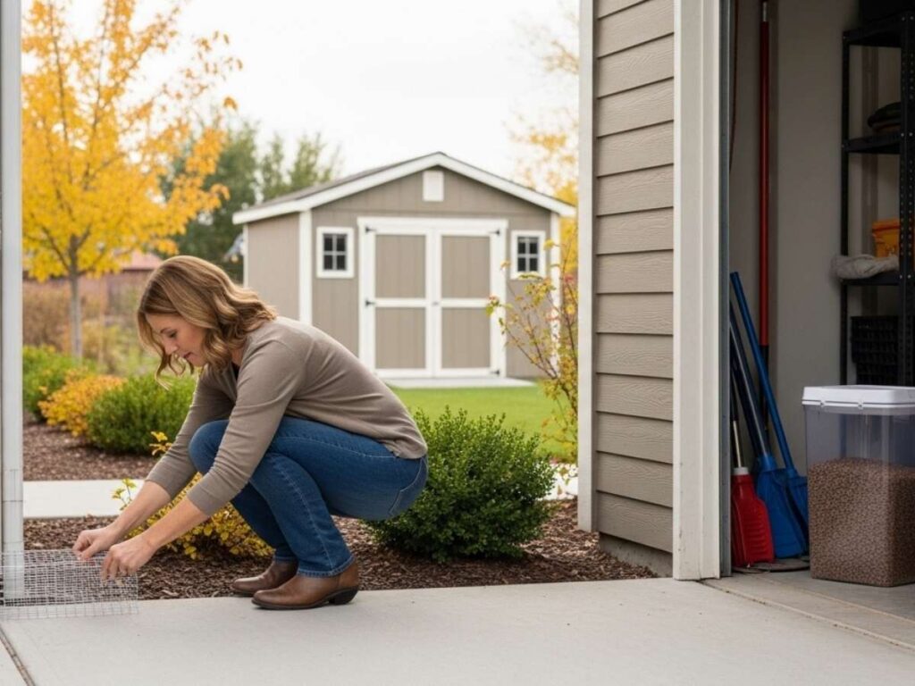 Homeowner sealing foundation gaps and maintaining yard to prevent mice around a Southeast Idaho home.