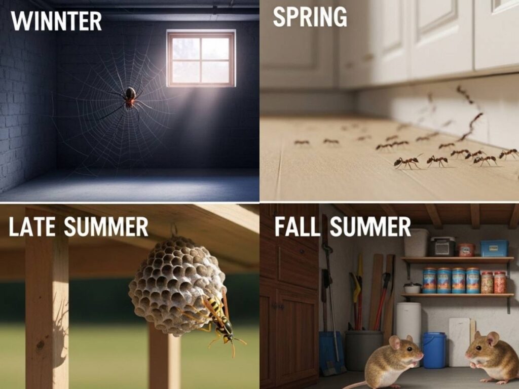 Infographic-style image showing spiders, ants, wasps, and mice in common areas of an Idaho home during their peak seasons.