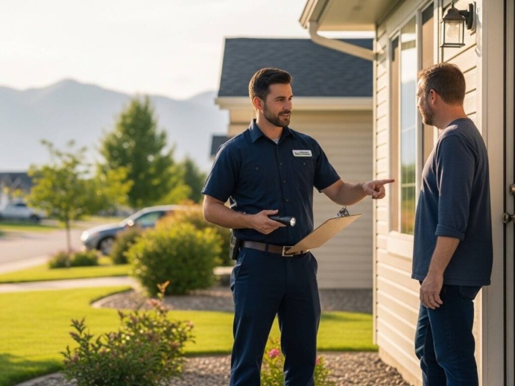 Local pest control technician discussing an ant inspection with a homeowner outside a Southeast Idaho home. 