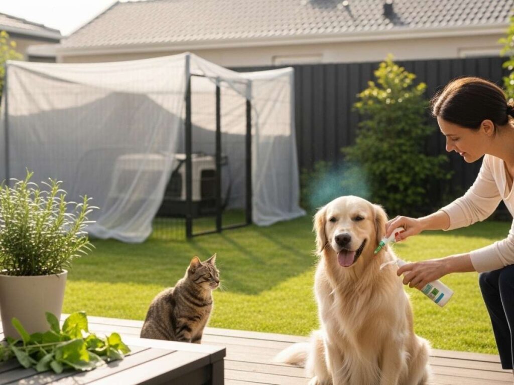 Pet owner applying vet-approved mosquito repellent to a dog in a backyard with natural herbs and a protected pet area.
