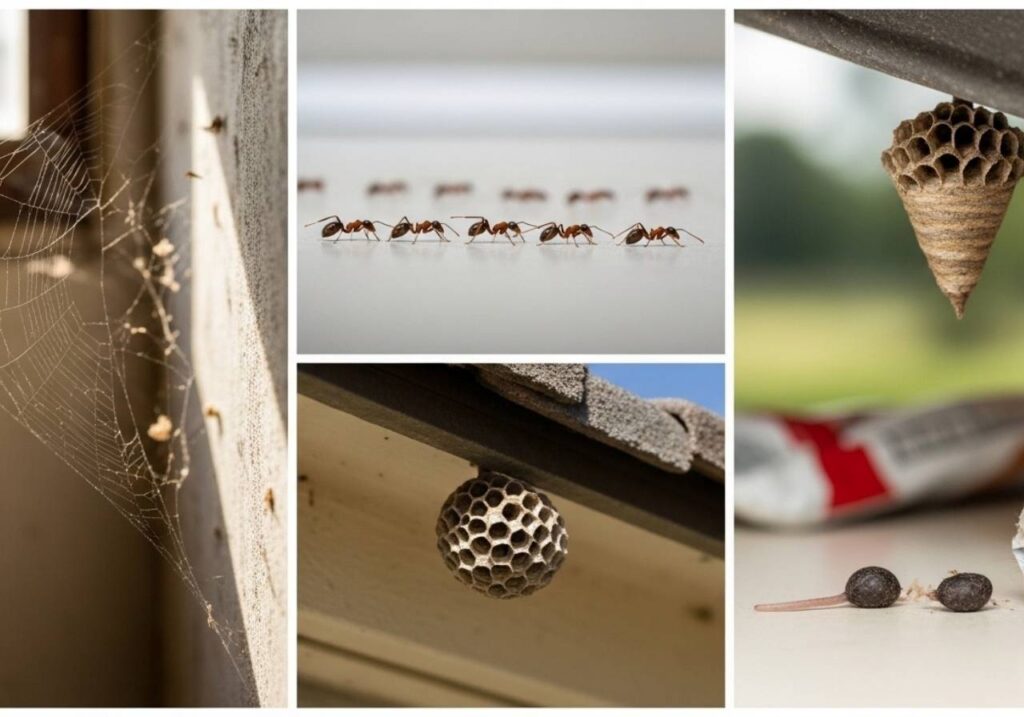 Early signs of household pest infestations including spider webs, ants on counters, wasp nests, and mouse droppings in a pantry.