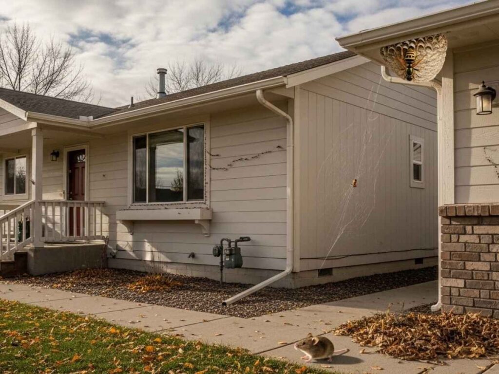 Southeast Idaho home in autumn with subtle signs of spiders, ants, wasps, and mice around the property.