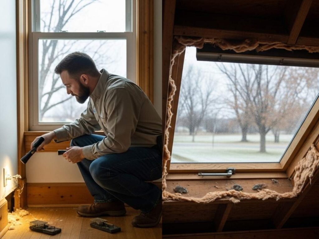 Pest control technician inspecting wall gaps and attic spaces in an older Idaho home for mouse entry points.