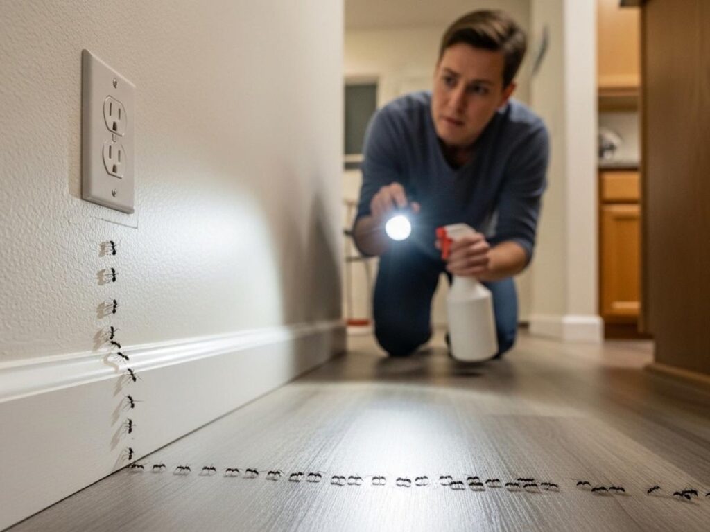 Homeowner discovering ants emerging from a wall outlet and baseboard inside a house. 
