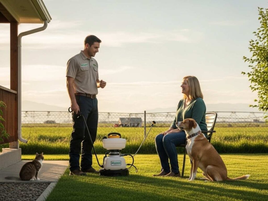 Pest control technician discussing pet-safe mosquito treatment with a pet owner in a backyard with a dog and cat nearby.