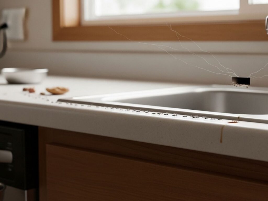Trail of ants entering a Southeast Idaho kitchen and following food crumbs on the counter. 