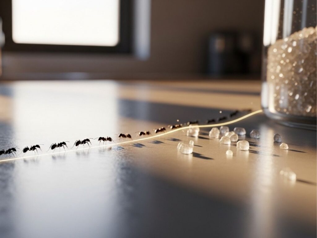 Close-up of ants following a pheromone trail across a kitchen counter toward sugar crumbs. 
