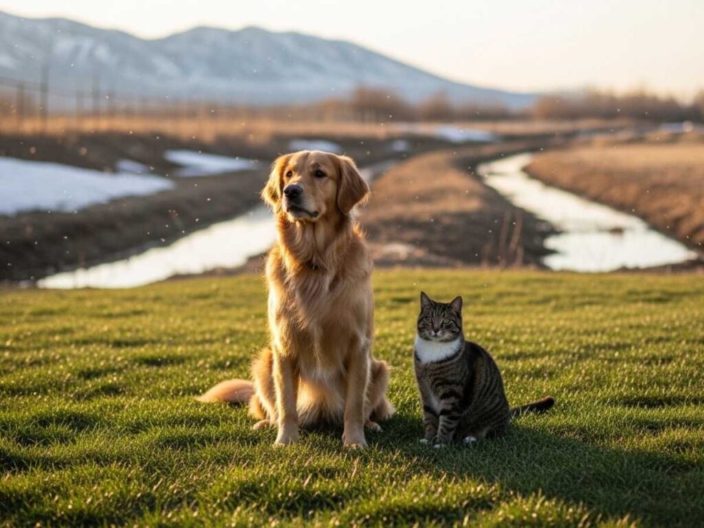Dog and cat outdoors in a Southeast Idaho yard near standing water during mosquito season, illustrating mosquito risks for pets.