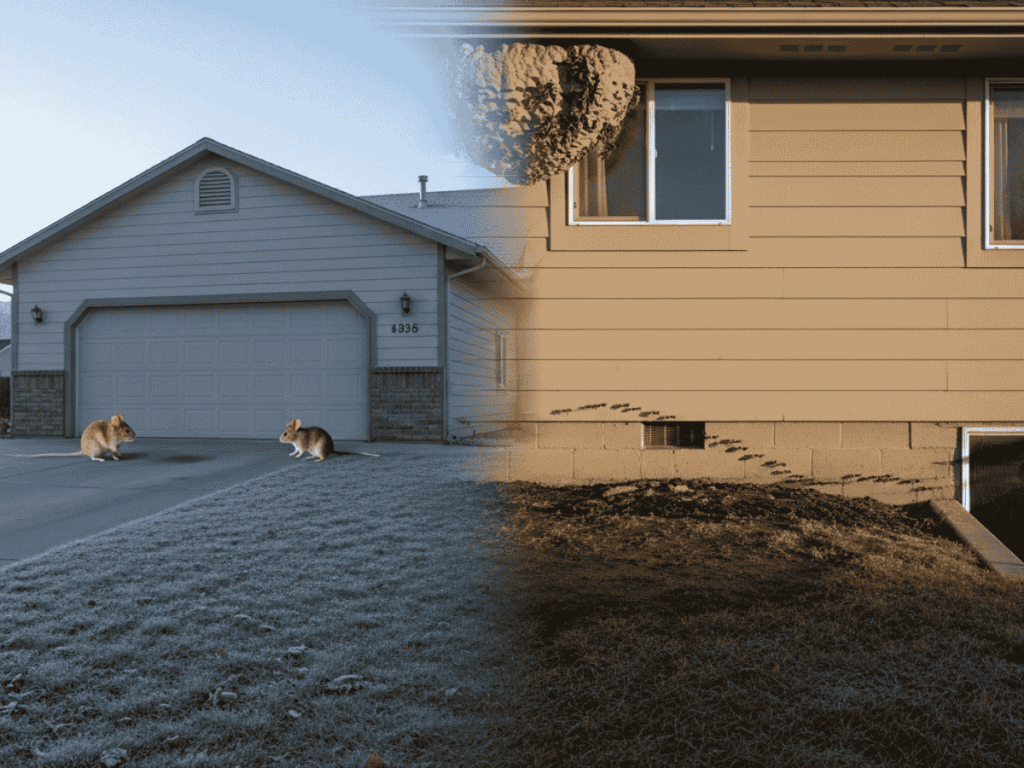 Southeast Idaho home showing seasonal pest activity including ants, wasps, spiders, and mice around the property.