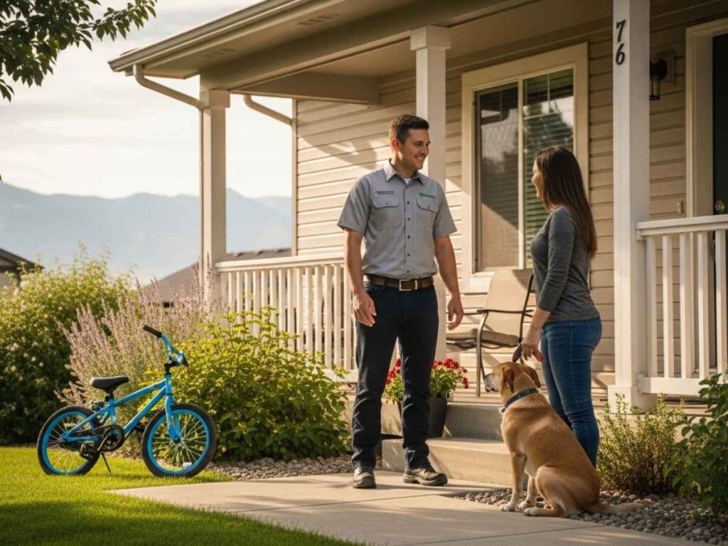 Friendly pest control technician speaking with a homeowner outside a Southeast Idaho home, emphasizing family-safe service.