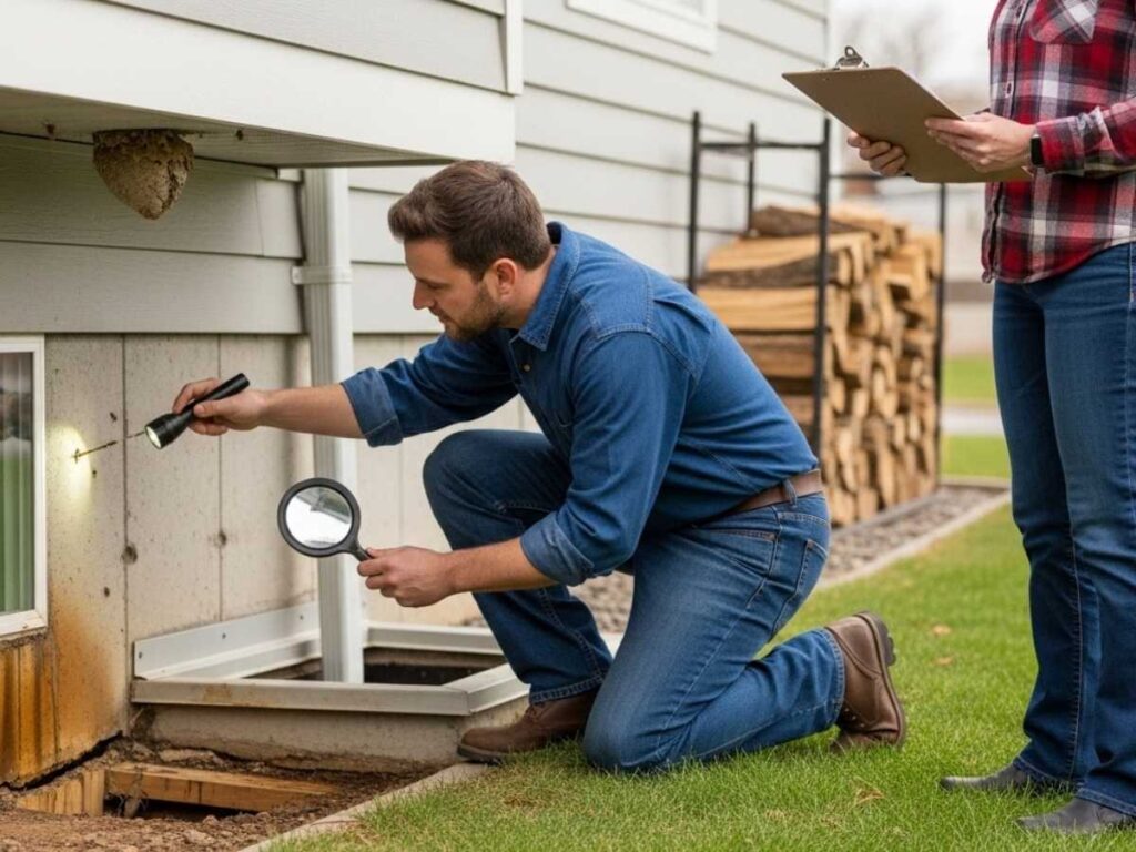 Pest control technician inspecting a home foundation and identifying entry points during a detailed inspection.