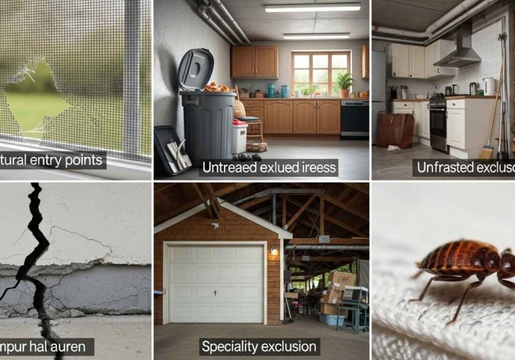 Structural gaps, clutter, untreated spaces, and specialty pests illustrating common pest control guarantee exclusions.