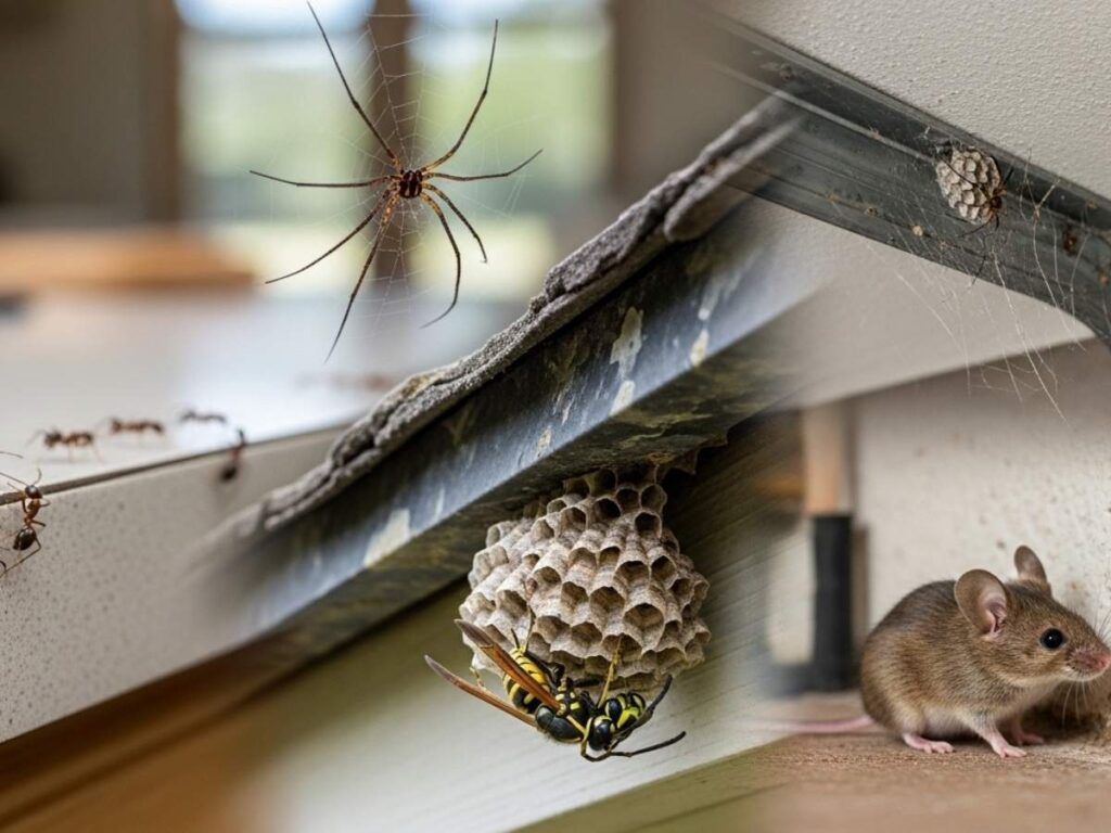 Common household pests in Idaho including ants, spiders, wasps, and mice shown around typical areas of a home.