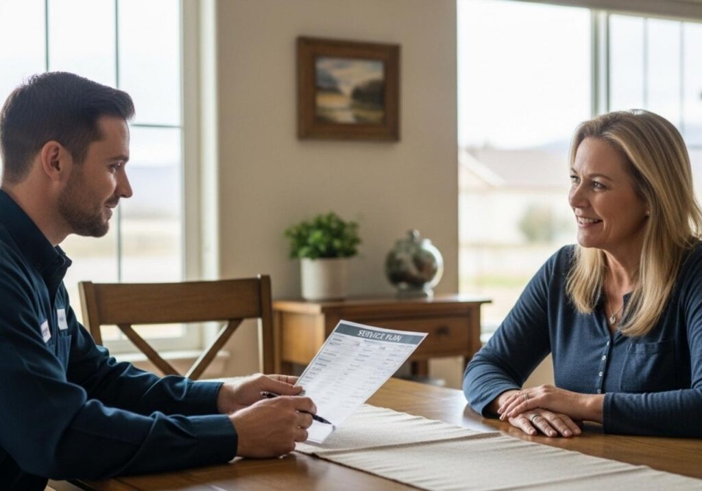 Pest control technician explaining service costs and plan options to a homeowner at a kitchen table.