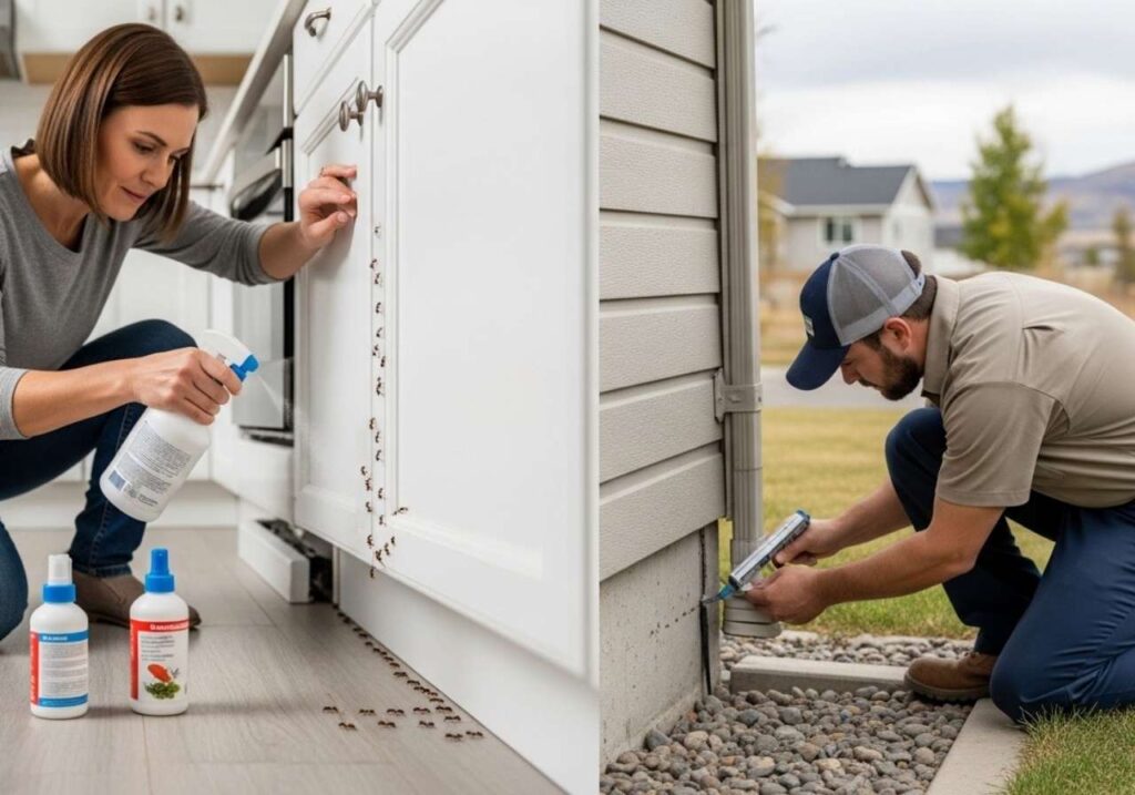 Side-by-side comparison of DIY ant spraying and professional pest inspection at a Southeast Idaho home.