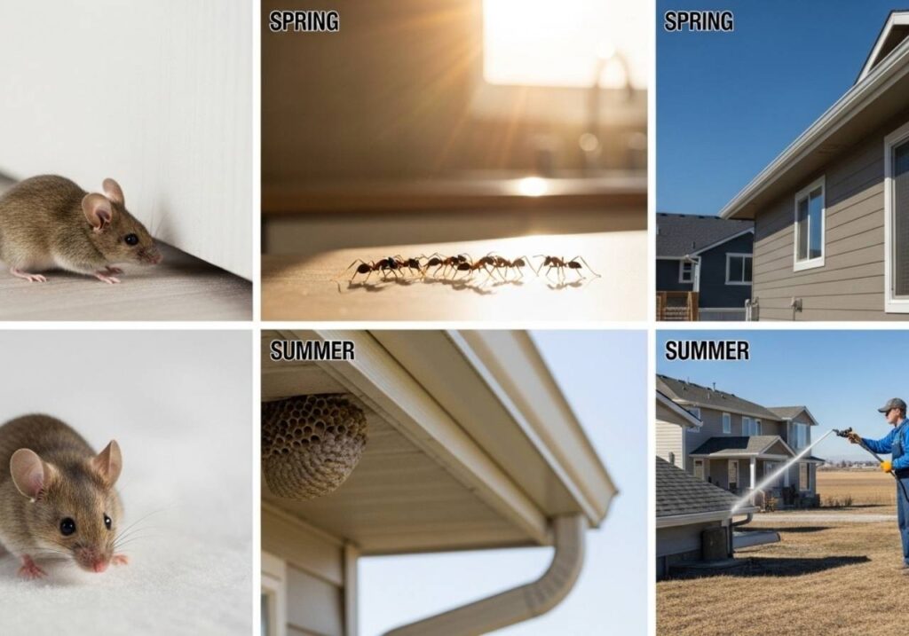 Seasonal pest activity in Southeast Idaho with professional exterior pest control treatment in progress.