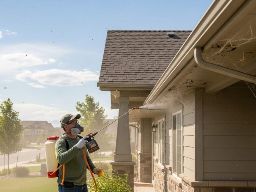 Technician applying exterior spider control treatment along home eaves in Southeast Idaho.