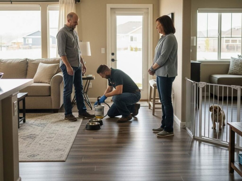 Homeowner prepared for pest control service with furniture moved and pets secured during treatment.