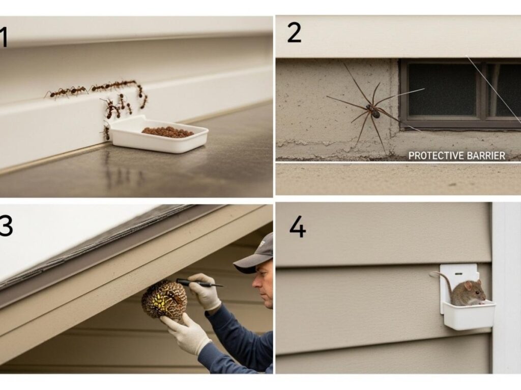Four-panel image showing ant baiting, spider barrier treatment, wasp nest service, and rodent bait station placement at an Idaho home.